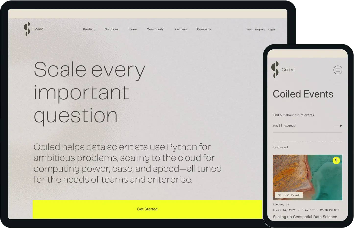 Screenshots of the Coiled website